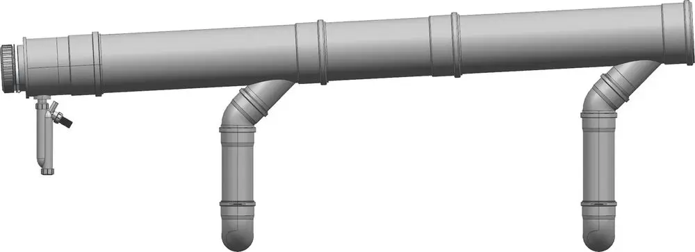 Graues Rohrsystem mit mehreren Abgängen und einem Bedienventil, gefertigt von Bosch, zur Verwendung in Abgasinstallationen.
